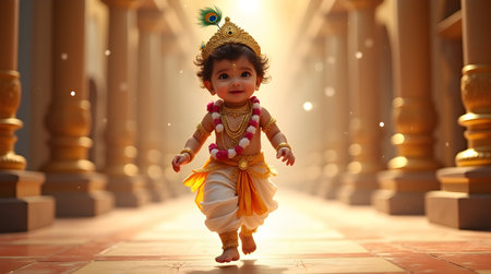 A Radiant Baby Krishna Walking in Temple, Joyful Janmashtami Celebration with Traditional Garland and Golden Attire, Photo Illustration Image Picture Photography Wallpaper Backgroundsの写真素材
