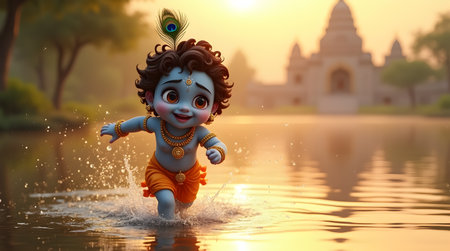 A Baby Krishna Running Joyfully Through Water at Sunrise Divine Janmashtami Moment, Photo Illustration Image Picture Photography Wallpaper Backgroundsの写真素材