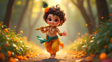 A Adorable Baby Krishna Walking with Flute on a Floral Path, Joyful Janmashtami Celebration in Nature, Photo Illustration Image Picture Photography Wallpaper Backgroundsの写真素材