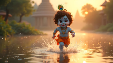 A Baby Krishna Running Joyfully Through Water at Sunrise Divine Janmashtami Moment, Photo Illustration Image Picture Photography Wallpaper Backgroundsの写真素材