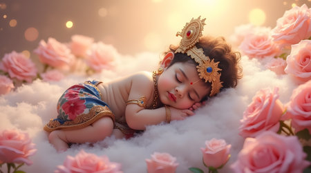 A Divine Baby Krishna Sleeping on Heavenly Clouds with Roses, Peaceful Janmashtami Concept in Royal Attire, Photo Illustration Image Picture Photography Wallpaper Backgroundsの写真素材