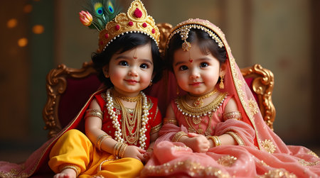 A Adorable Baby Radha Krishna in Royal Attire, Divine Janmashtami Portrait on Ornate Throne, Photo Illustration Image Picture Photography Wallpaper Backgroundsの写真素材
