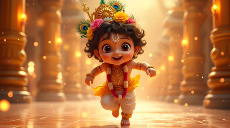 A Divine Baby Krishna Running with Joy, Festive Janmashtami Celebration in Golden Temple Glow, Photo Illustration Image Picture Photography Wallpaper Backgroundsの写真素材
