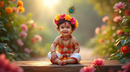 A Smiling Baby Krishna in Floral Crown, Janmashtami Divine Portrait in Garden, Photo Illustration Image Picture Photography Wallpaper Backgroundsの写真素材