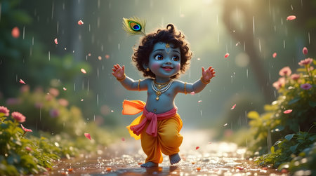 A Joyful Baby Krishna Dancing in Rain with Flower Petals, Divine Janmashtami Celebration, Photo Illustration Image Picture Photography Wallpaper Backgroundsの写真素材