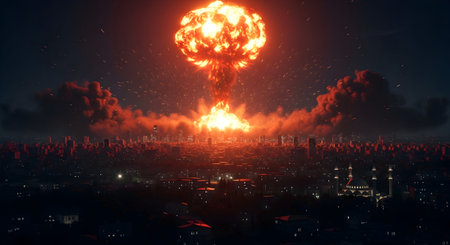 A Nuclear Apocalypse Over City, Devastating Explosion Symbolizing Global War Threat, War, Attack,...