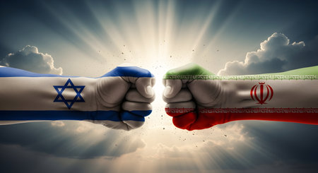 A Clash of Nations, Israel vs Iran in Symbolic Power Standoff, Photo Illustration Image Picture Photography Wallpaper Backgroundsの写真素材