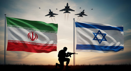 A Israel vs Iran Military Conflict with Soldier and Fighter Jets at Sunset, Photo Illustration Image Picture Photography Wallpaper Backgroundsの写真素材