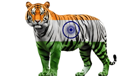 A Indian Flag on Royal Bengal Tiger, Symbol of Indiaâ€™s Strength & Independence, Photo...