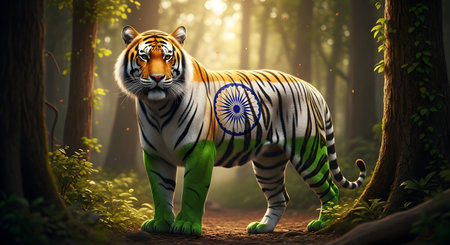 A The Indian Tiger's Pride, A Symbol of Independence, Photo Illustration Image Picture Photography...