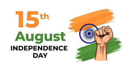 A 15 August Indian Independence Day Poster with Tricolor Flag, Raised Fist, and Ashoka Chakra Symbol of Freedom, Power, Patriotism, and National Prideの写真素材