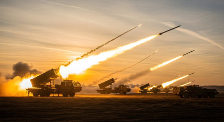 A dramatic sky with a rocket artillery escalation fight echoing a world war 3 showdownの写真素材