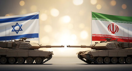 A Israel vs Iran Military Conflict Concept with Opposing Tanks and National Flags Symbolizing Global Tensions, War Threat, Weapons, and Geopolitical Crisisの写真素材