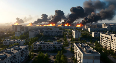 A Massive Urban Destruction with Fire and Smoke from Missile Attacks Representing Global Conflictの写真素材