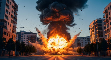 A Huge Street Explosion with Fireball and Smoke in City Depicting Global Conflict and War Tensionの写真素材
