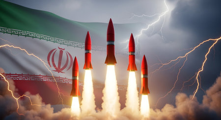 A Iran launches nuclear missiles with national flag in background, symbolizing global war threat, rising tensions, and World War 3 fears with Israelの写真素材