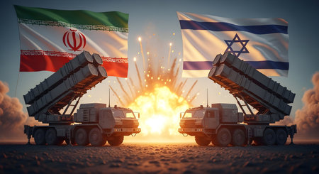 A Israel vs Iran Missile Conflict Nuclear Standoff, Explosions, and Military Escalationの写真素材