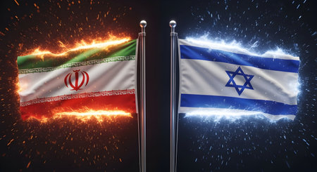 A Israel vs Iran flags with fiery and electric energy clash, symbol of war, nuclear tension, political conflict, and potential missile attacksの写真素材