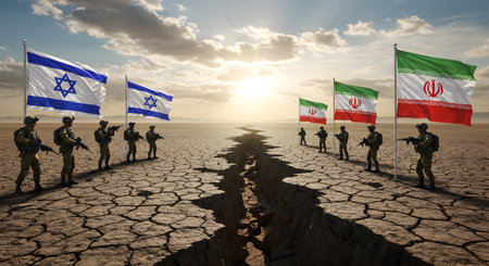 A Israel vs Iran Desert Standoff Armed Forces, National Flags, and Tense Geopolitical Confrontationの写真素材