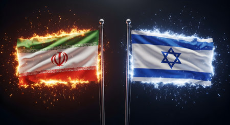 A Israel vs Iran flags with fiery and electric energy clash, symbol of war, nuclear tension, political conflict, and potential missile attacksの写真素材