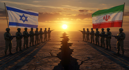 A Israel vs Iran Desert Standoff Armed Forces, National Flags, and Tense Geopolitical Confrontationの写真素材