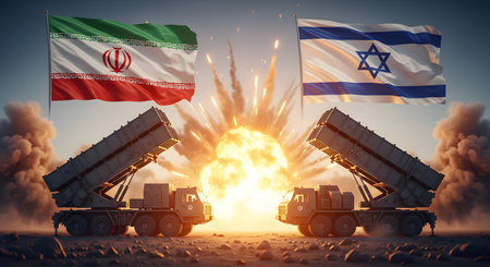 A Israel vs Iran Missile Conflict Nuclear Standoff, Explosions, and Military Escalationの写真素材