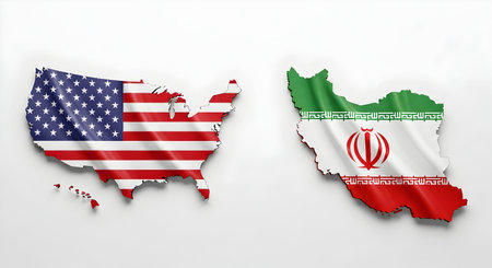 A Map of USA and Iran with National Flags Facing Each Other on White Background Representing Global Tensions, Nuclear Conflict, and Potential World War 3の写真素材