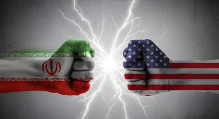A USA vs Iran Power Clash Fists Collide with Lightning Sparks, Symbolizing Rising Tension, Military Aggression, and a Potential Global Flashpointの写真素材