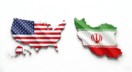 A Map of USA and Iran with National Flags Facing Each Other on White Background Representing Global Tensions, Nuclear Conflict, and Potential World War 3の写真素材