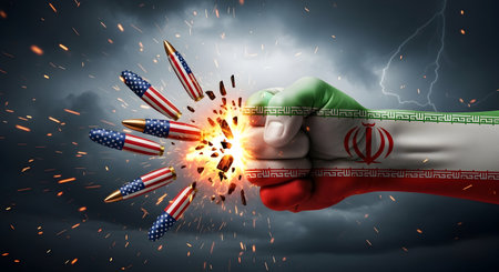 A Iranian Fist Smashes American Missiles in Fiery Explosion Symbolizing Iran vs USA Conflict, War, Nuclear Threats, Global Tensions and World War 3 Fearsの写真素材