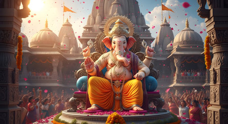 A Grand Ganesh Idol in Temple with Devotees Celebrating Ganesh Chaturthi Festival Lord Ganesha...