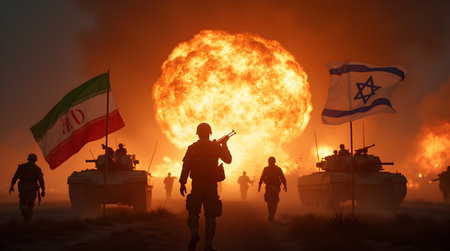 A Israel vs Iran War Scene Soldiers, Tanks, Explosion, Nuclear Bomb Attack, Missile Strike, World War 3 Concept, Fire, Conflict, Global Tensionsの写真素材