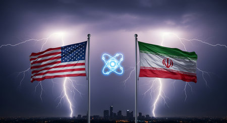 A USA vs Iran Nuclear Tension Flags, Atomic Symbol, Lightning Storm, Global Conflict, World War 3 Threat, Missile Crisis, Political Firestorm, Americaの写真素材