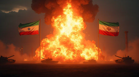 A Israel vs Iran Missile War, Nuclear Strike, Fire Explosion, Tanks, Bomb Attack, World War 3 Concept, Military Conflict, Weapons, Global Crisis, Americaの写真素材