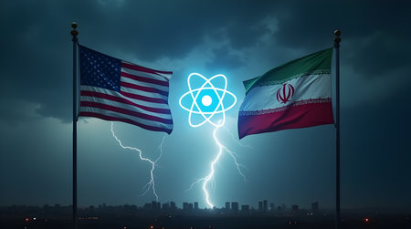 A USA vs Iran Nuclear Tension Flags, Atomic Symbol, Lightning Storm, Global Conflict, World War 3 Threat, Missile Crisis, Political Firestorm, Americaの写真素材