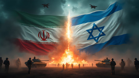 A Israel vs Iran Military Confrontation with Flags, Soldiers, Tanks, Fighter Jets, and Explosive...