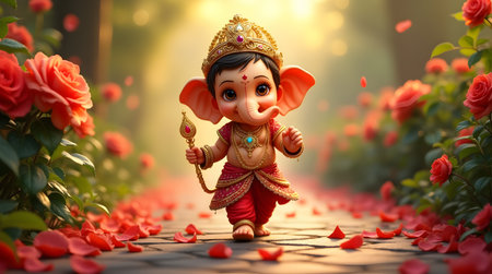 A Ganesh Chaturthi Ganesha Celebration with Ganapati Bappa Morya in Temple Street Decorated with Flowers and Devotees Worshipping Vinayak Vinayaka Idolの写真素材