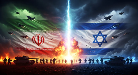 A Israel vs Iran Military Confrontation with Flags, Soldiers, Tanks, Fighter Jets, and Explosive Fire Symbolizing Global War Threat, Missile, and Nuclear Dangerの写真素材