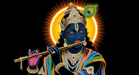 A Krishna Playing Flute with Radiant Aura, Divine Gopal Kanha Artwork for Janmashtami, Rasa Purnima, Radhashtami, Govardhan Puja, Holi, Gopashtamiの写真素材