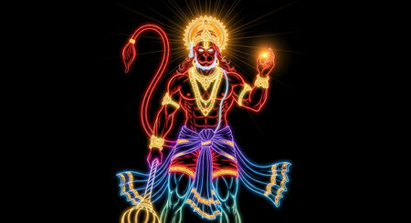 A Vibrant Neon Hanuman Ji with Gada, Bajrangbali, Sankatmochan, Rambhakt Art for Hanuman Jayanti, Ram Navami, Diwali, Deepavali And Hindu Festivalsの写真素材