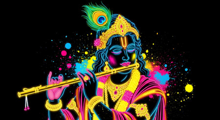 A Color Splash Neon Art of Lord Krishna Playing Flute, Kanha, Gopal, Shyam for Holi, Janmashtami, Gopashtami, Radhashtami, Govardhan Puja, Rasa Purnimaの写真素材