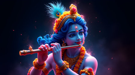 A Divine Lord Krishna Playing Flute with Peacock Feather Crown, Kanha, Gopal, Govind, Janmashtami, Dwarkadhish Spiritual Festival Artworkの写真素材