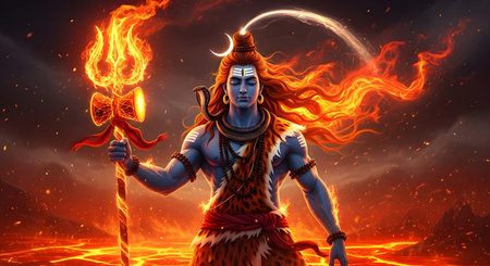 A Mahadev Standing in Fire with Trishul and Crescent Moon, Powerful Shiva Shankar Artwork for...