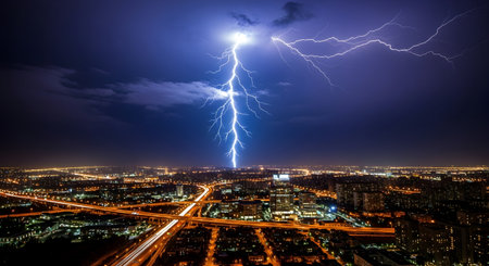 A Massive Lightning Strike Illuminating Night Cityscape, Electric Storm Flash Over Urban Skyline with Glowing Roads and Dark Blue Cloudy Skyの写真素材