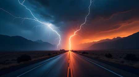 A Stunning Lightning Strikes Over Desert Road at Sunset, Dramatic Storm Landscape with Electric Blue and Fiery Orange Skiesの写真素材