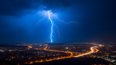 A Massive Lightning Strike Illuminating Night Cityscape, Electric Storm Flash Over Urban Skyline...