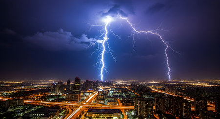 A Massive Lightning Strike Illuminating Night Cityscape, Electric Storm Flash Over Urban Skyline...