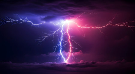 A Vibrant Dual Tone Lightning Bolt Splitting Night Sky, Powerful Electric Thunderstorm Energy Strike...