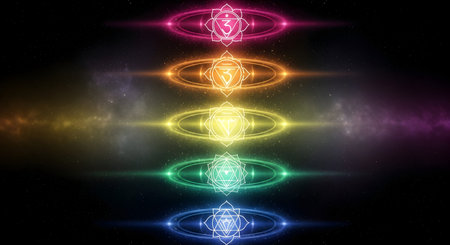 A Seven Glowing Chakra Symbols Aligned in Colorful Cosmic Space, Spiritual Energy Centers of the...