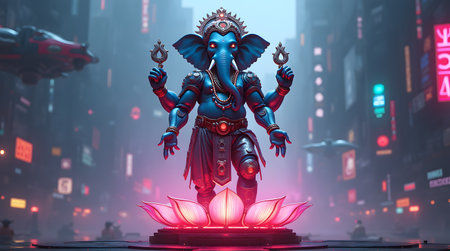 A Futuristic Blue Lord Ganesha Standing on Lotus in Cyber City, Ganesh Chaturthi Divine Ganapati Vinayaka Bappa Morya Artwork for Meditation and Decorの写真素材